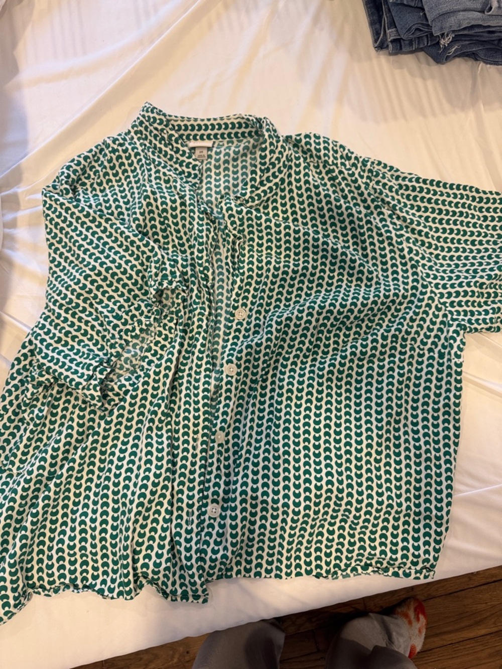 a new day Green and White Patterned Button-Up Blouse
